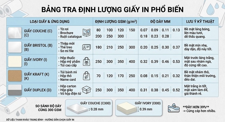 Cung cấp hình ảnh bảng tra định lượng giấy chi tiết cụ thể từng loại chất liệu hiện nay