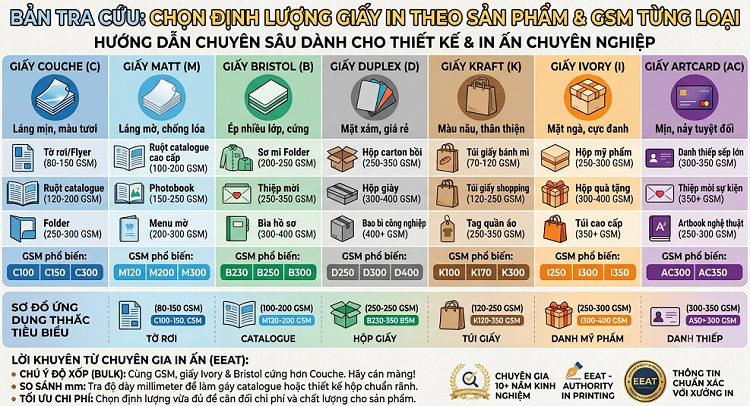 Cụ thể định lượng giấy theo sản phẩm với gsm tương ứng cùng chất liệu