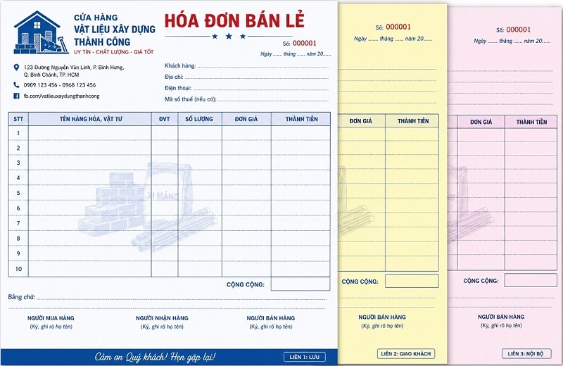 Cùng xem qua mẫu hóa đơn bán lẻ 3 liên của cừa hàng vật liệu xây dựng đầy đủ giao cho khách, kế toán, kho