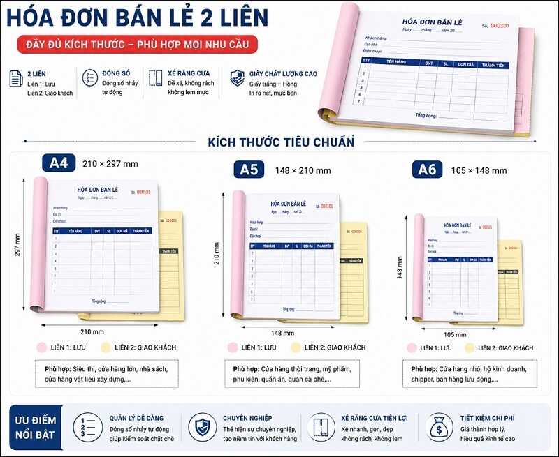 Các kích thước hóa đơn bán lẻ 2 liên bao gồm a4, a5, a6