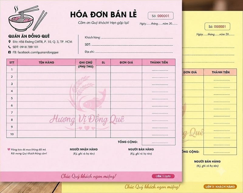 Cung cấp mẫu hóa đơn 2 liên của nhà hàng quán ăn đầy đủ thông tin cần thiết