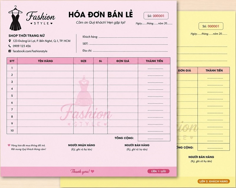 Một kiểu mẫu hóa đơn dành cho shop thời trang đầy đủ thông tin cần có