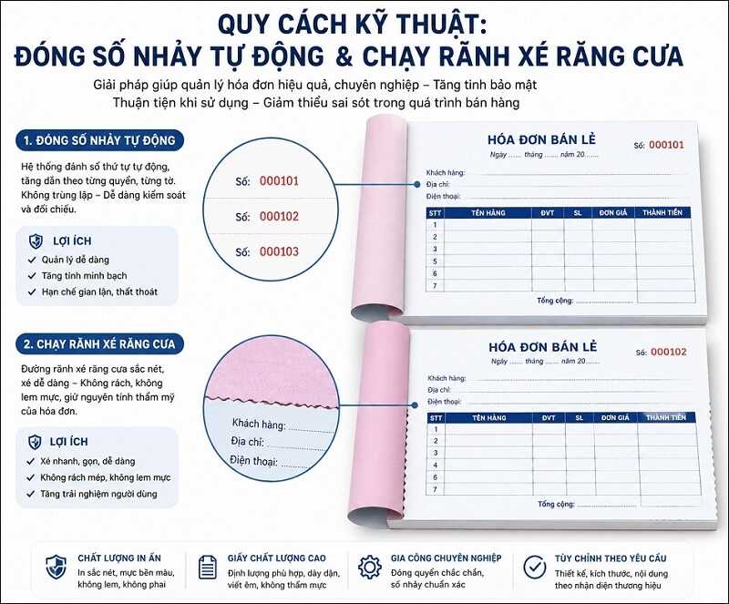 Tìm hiểu kỹ quy cách kỹ thuật đóng số nhảy chạy rãnh xé răng cưa cho chứng từ 2 liên này 